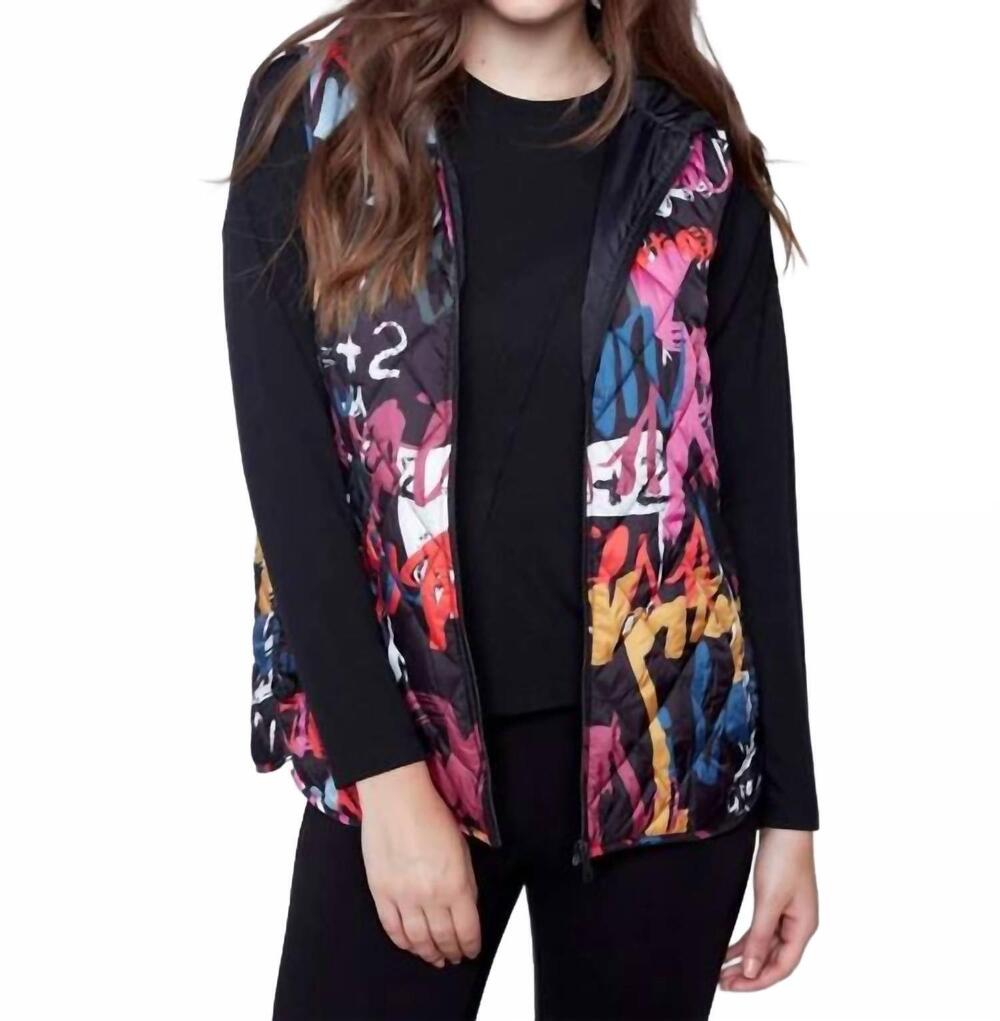 NEW CHARLIE B quilted hooded vest in graffiti print